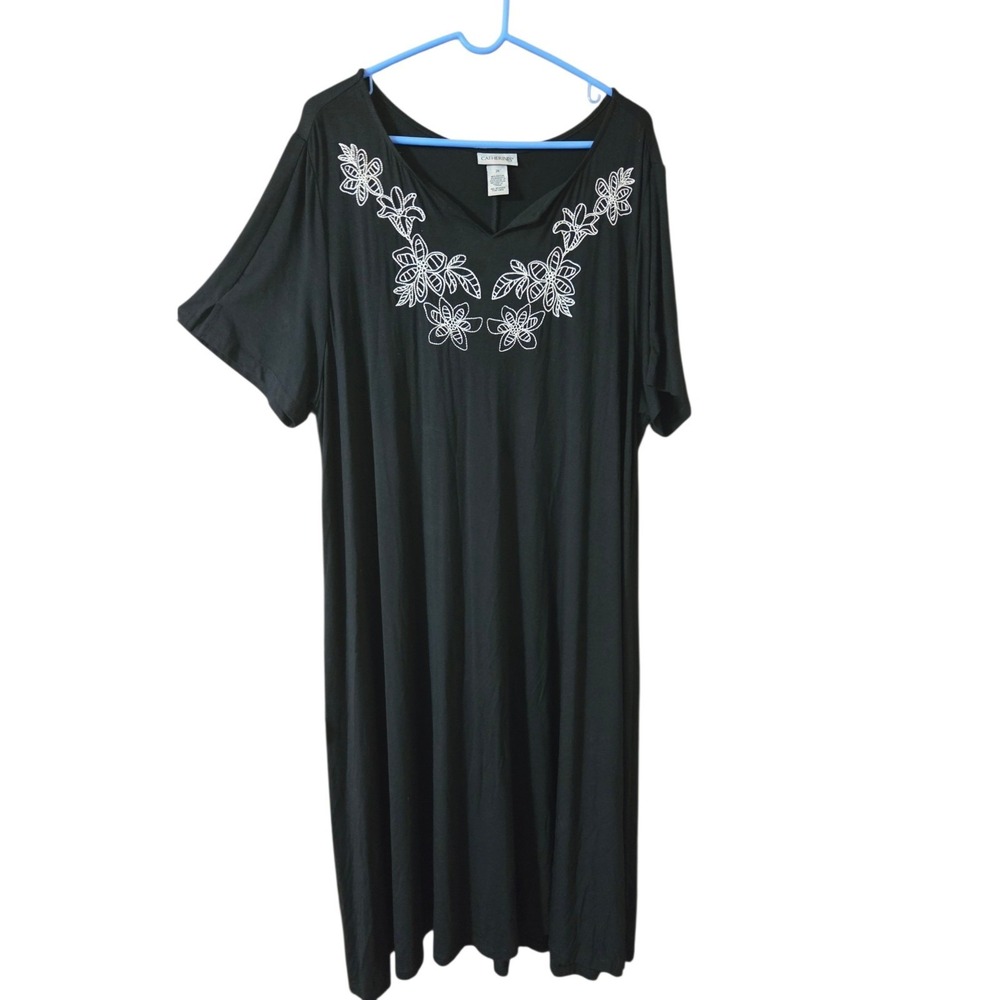 Catherines Black White Floral‎ Embroidered SS Jersey Knit Maxi Dress 2X